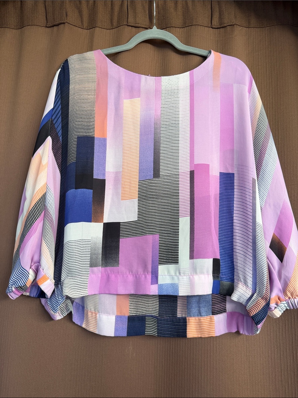 Worthington Multicolor Geometric Blouson Top - Lavender, Navy, Peach